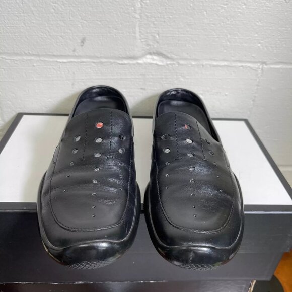 PRADA Womens Mules Black Leather Slip On Shoe Flats Classic Cutouts Size 40.5 EU - Picture 1 of 9